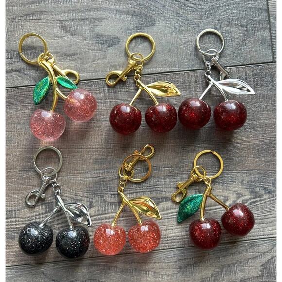 Cherry Bag Purse Charm Keychain Glitter Red Gold with 2 Painted Leaves - Picture 2 of 2